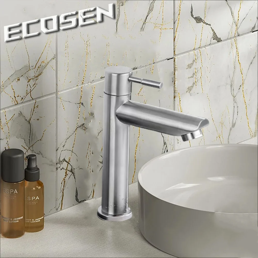 Ecosen Stainless Steel Silver Basin Faucet Cold Water Tap for Bathroom