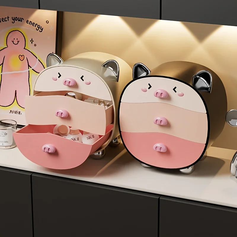 Cute Cartoon Pig Storage Box with Multiple Layers Drawers Desktop Organizer for Room Office Desktop Storage Home Decoration