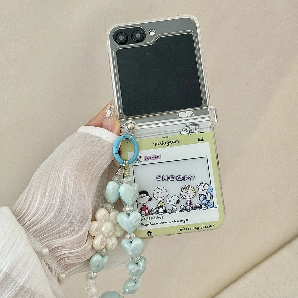 Cute Cartoon Snoopy Charlie Brown Stand Holder Phone Case For Samsung Galaxy Z Flip 7 6 5 4 3 Case Soft TPU Cover With Lanyard