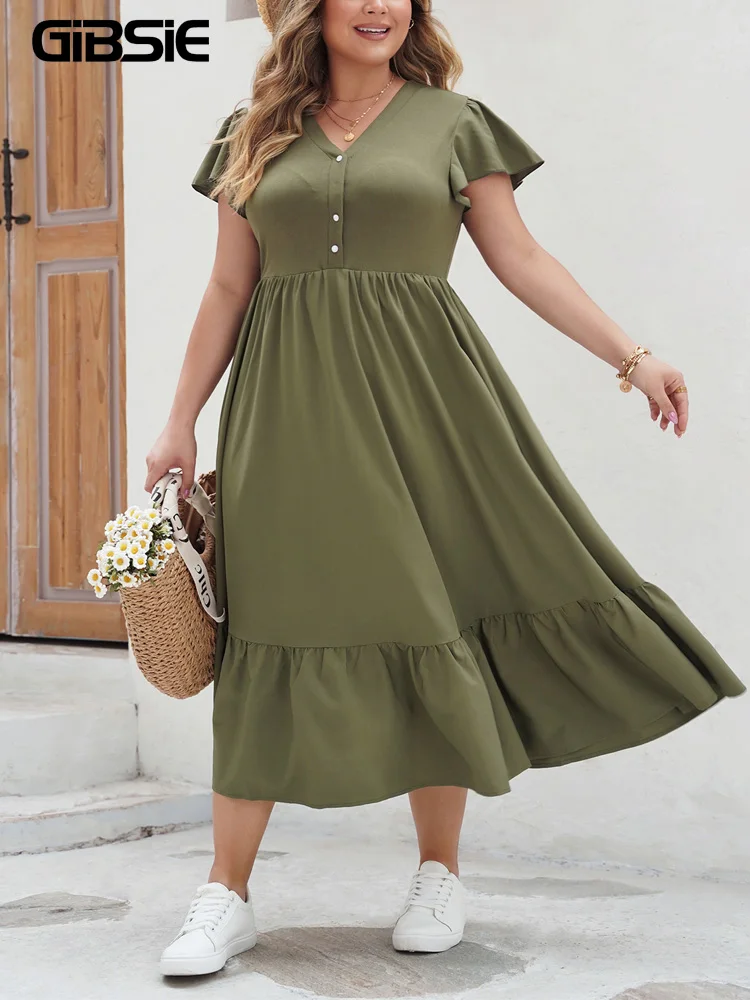 

GIBSIE Plus Size Casual V-neck Short Sleeve Dress Women Summer 2024 Solid High Waist Loose Vacation Ruffle Hem Long Dresses