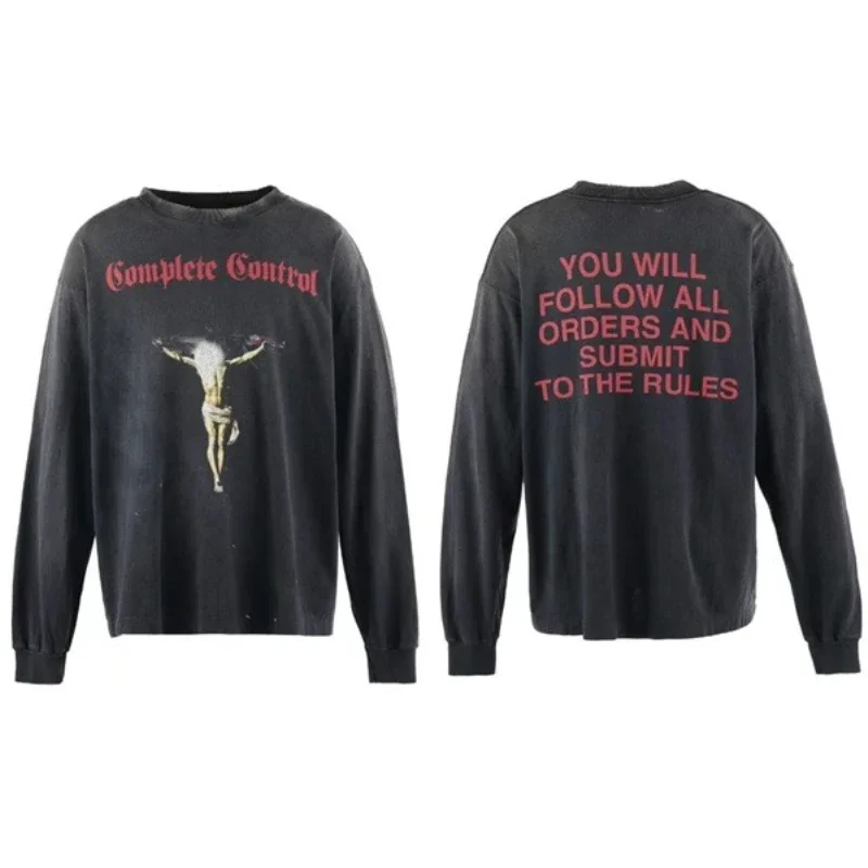 

Black Washed Saint Michael Men’s Pullovers Pure Cotton Oversized Casual Long Sleeved T Shirts