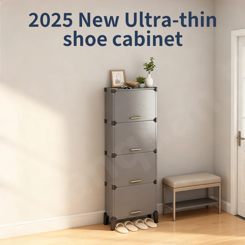 Ultra-thin Slim Boots Shoe Cabinet Closet Narrow Shoe Rack Dustproof with Door Cover Plastic Adjustable Stackable Storage Rack