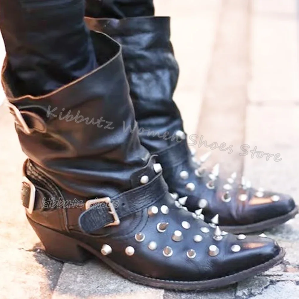 

Rivets Cowboy Ankle Boots Belt Buckle Slip-On Genuine Leather Solid Color Elegant Fashion Women Shoes Pointed Toe Chunky Heels