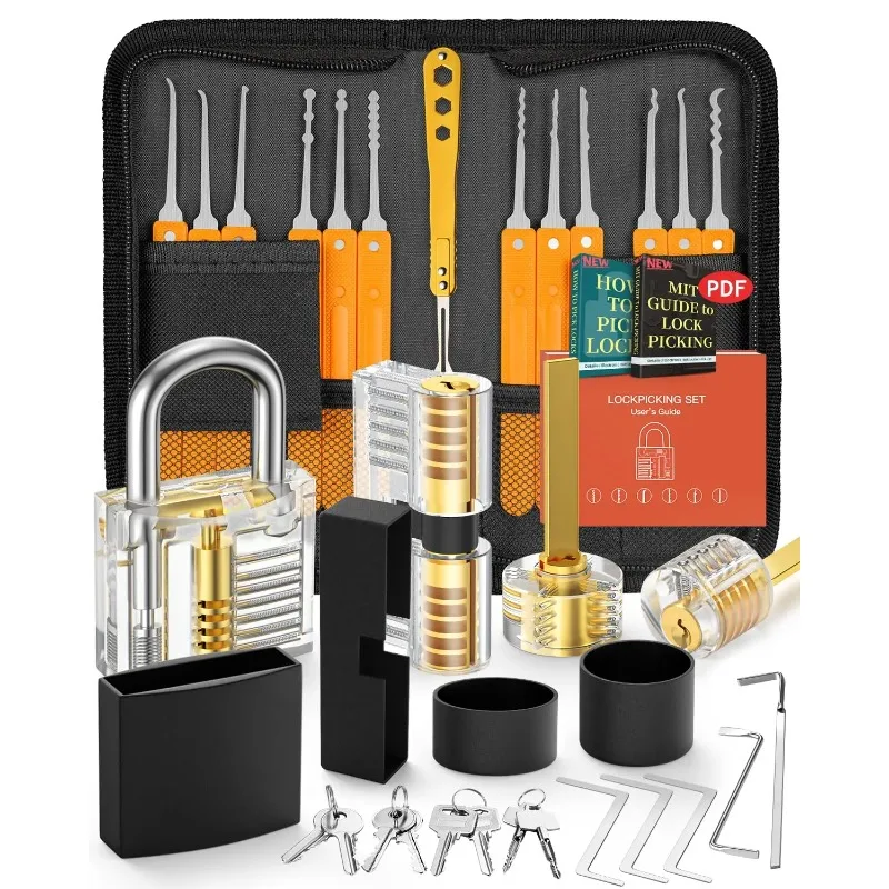38+4 Lockpicking-Set mit 4 Transparenten Übungsschlössern und Reißverschlusstasche für Schlossöffnungstechnik, E-Guides für Anfänger und Profi-Schlosser