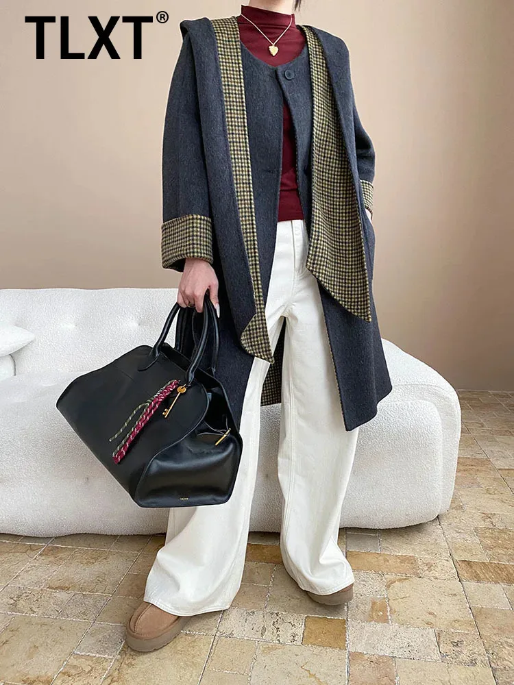 

TLXT Fashion Women's Woolen Coats Casual Style Hooded Scarf Plaid Patchwork Double-Sided Wool Coat Female Winter 2025 New XK1762