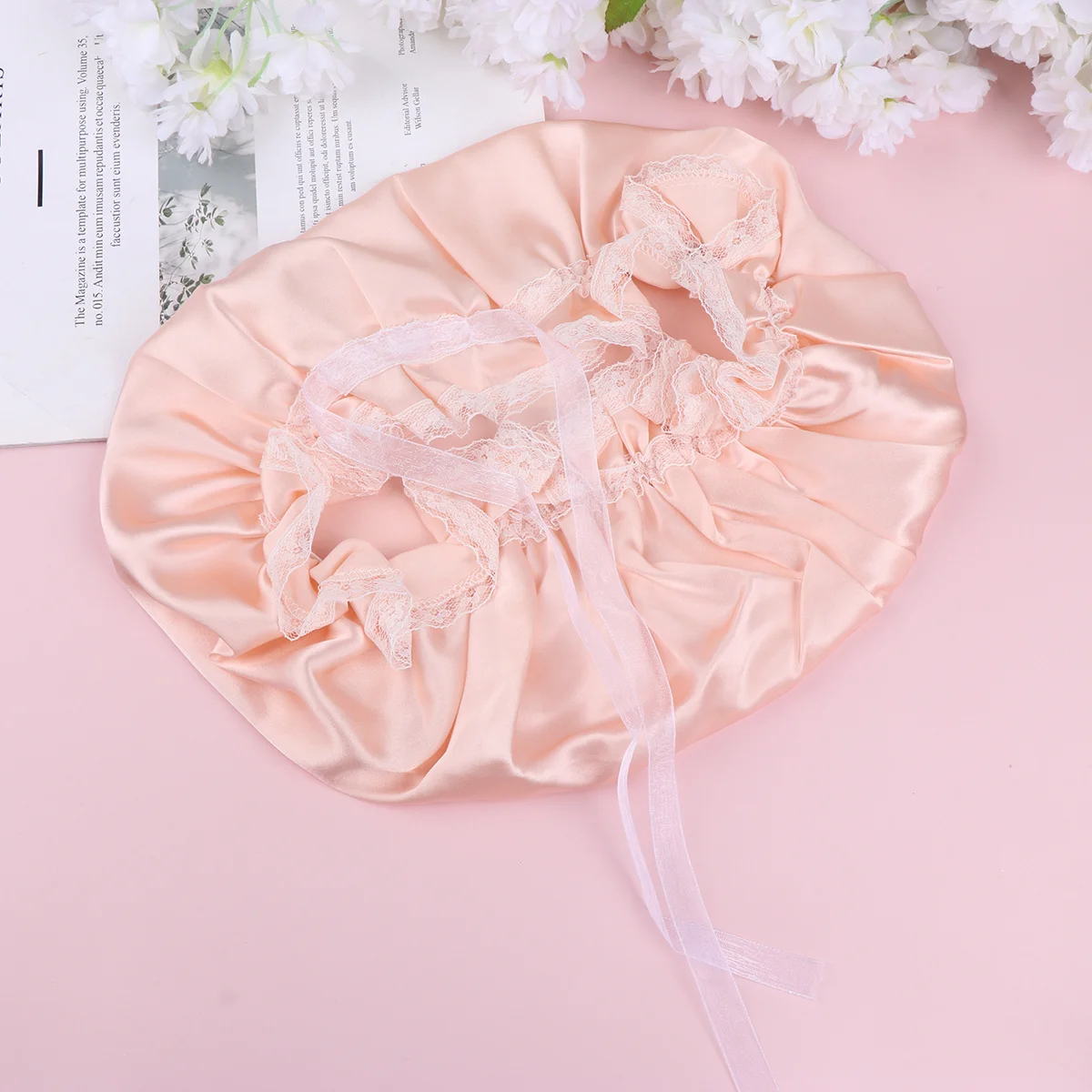 

Incarnadine Pink Silk Sleeping Cap Soft Night Sleep Hair Protection Bonnet Large Room Hair Care for Women Shower