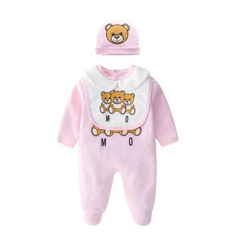 Kawaii  Cotton Clothes One-piece Baby Climbing Suit Newborn Baby Bear One-piece Pink Gray Blue Dress Baby Long-sleeved Pants