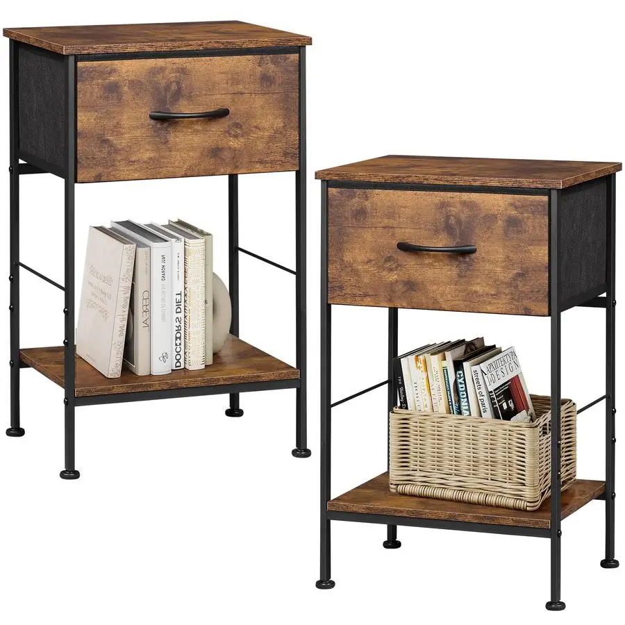 

Nightstand Set of 2, End Table with Fabric Storage Drawer and Open Wood Shelf, Bedside Furniture with Steel Frame, Side Table f