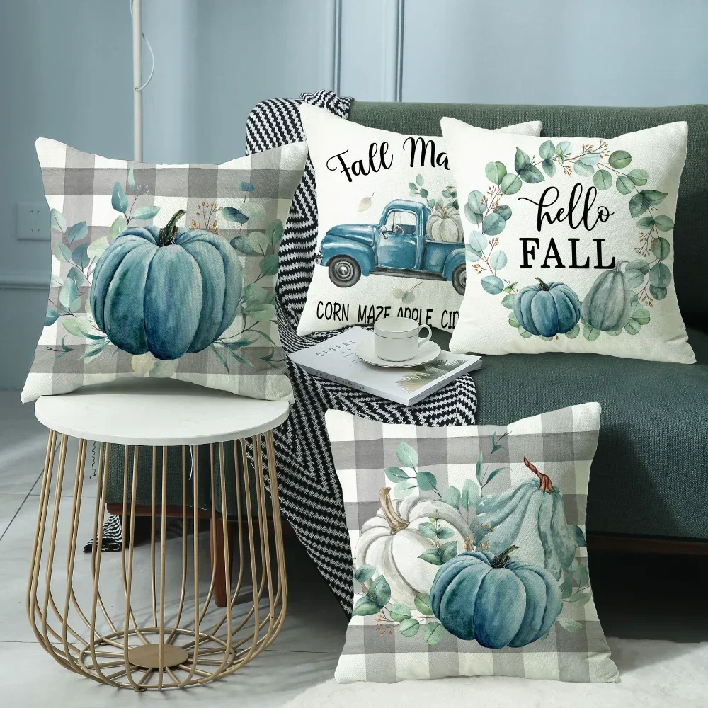 Give Thanks Harvest Pumpkin Plaid Pillow Cover Linen Blue Pillowcase Cushion Covers For Sofa Office Bedroom Decor Festive Goods