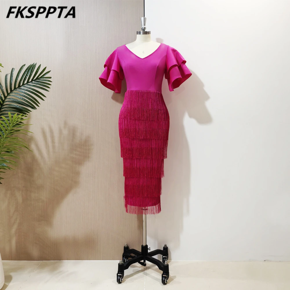 

In Stock Fuchsia African Evening Dress With Tassle Short Sleeves Straight Elastic Black Women Speical Occasion Gowns Plus Size