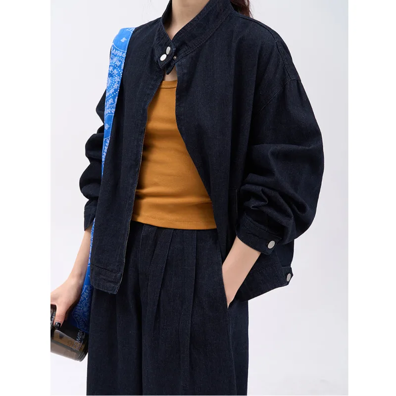 Kwtx feminino 2 peças denim conjunto cor sólida casual vintage jaqueta & calças zip-up de alta qualidade primavera verão 2025 na moda streetwear