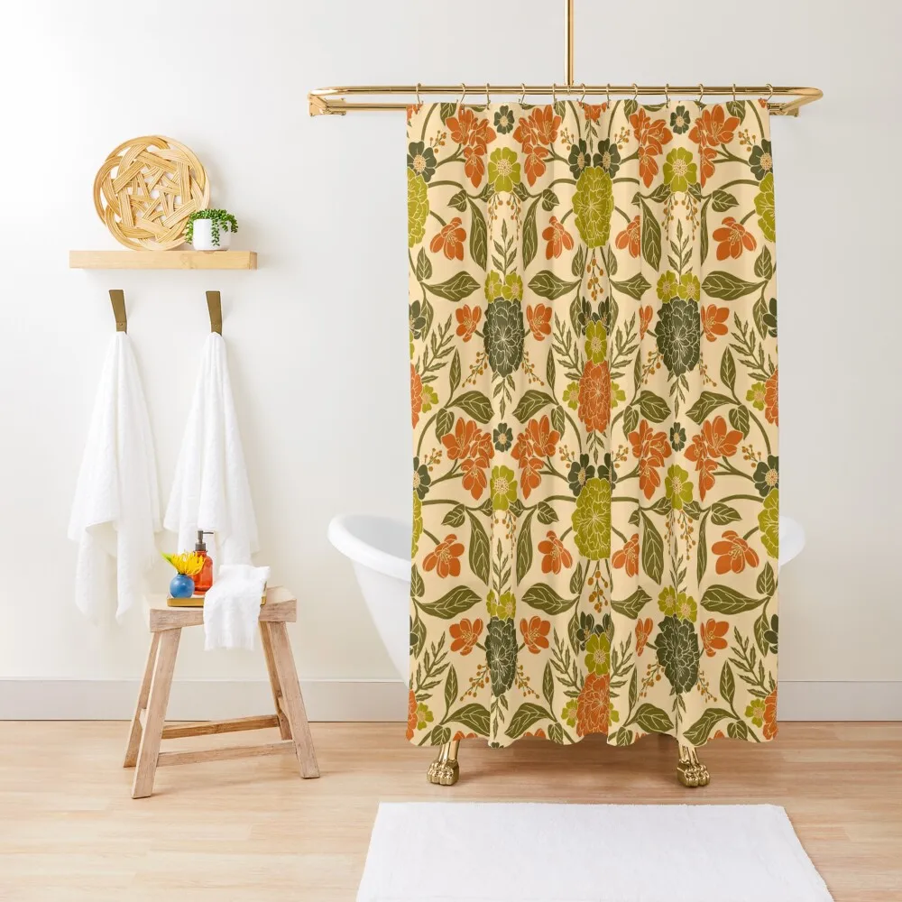 

Retro 1970s Floral in Olive Green & Orange Shower Curtain Shower Waterproof Shower Bath Waterproof Bathroom Curtain