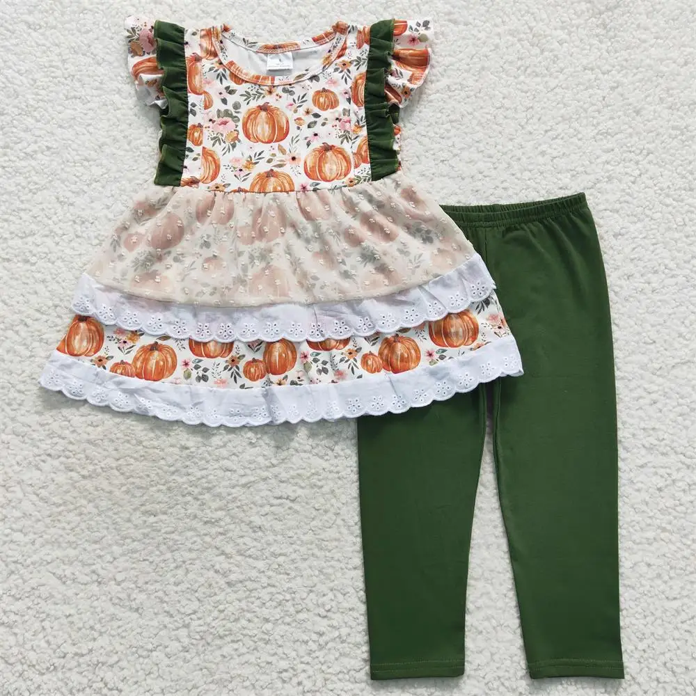 

Wholesale Baby Girl Thanksgiving Fall Set Short Sleeves Pumpkin Floral Lace Tunic Toddler Green Pants Infant Children Outfit