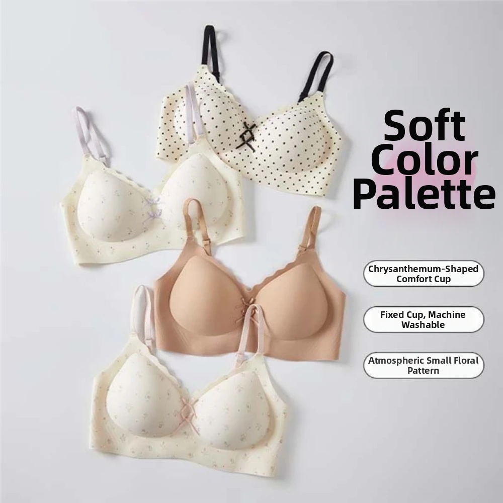 Traceless Dots Wireless V Bra Shockproof Gathered Breasts Seamless Floral Print Bra Flower Bow Lingerie Brassiere for Women