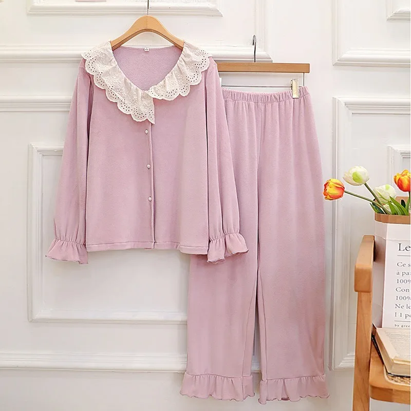 طقم بيجامة نسائي كوري للخريف بأكمام طويلة من الدانتيل الأمامي وإبزيم أنيق للاستخدام الداخلي والخارجي يسمح بمرور الهواء ومريح مقاس XL
