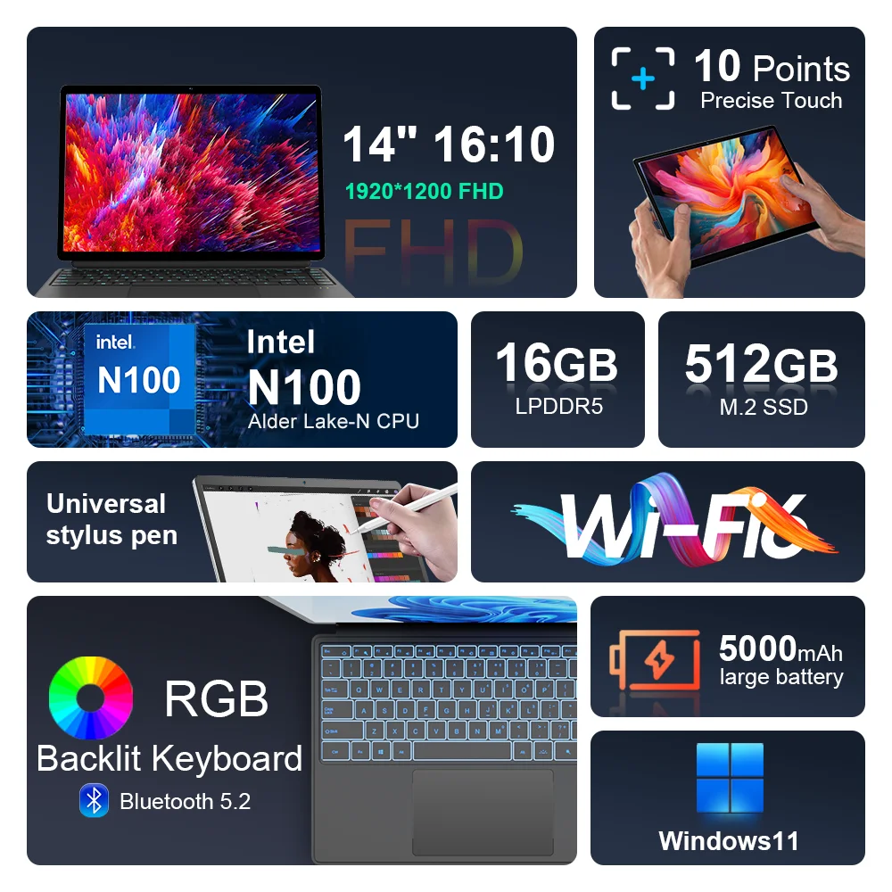 Ninkear-ordenador portátil T40 con pantalla táctil, Tablet 2 en 1, Intel N100, 14 pulgadas, FHD, 16GB, DDR5 + 512GB, SSD, Wifi, 6 RGB, Teclado