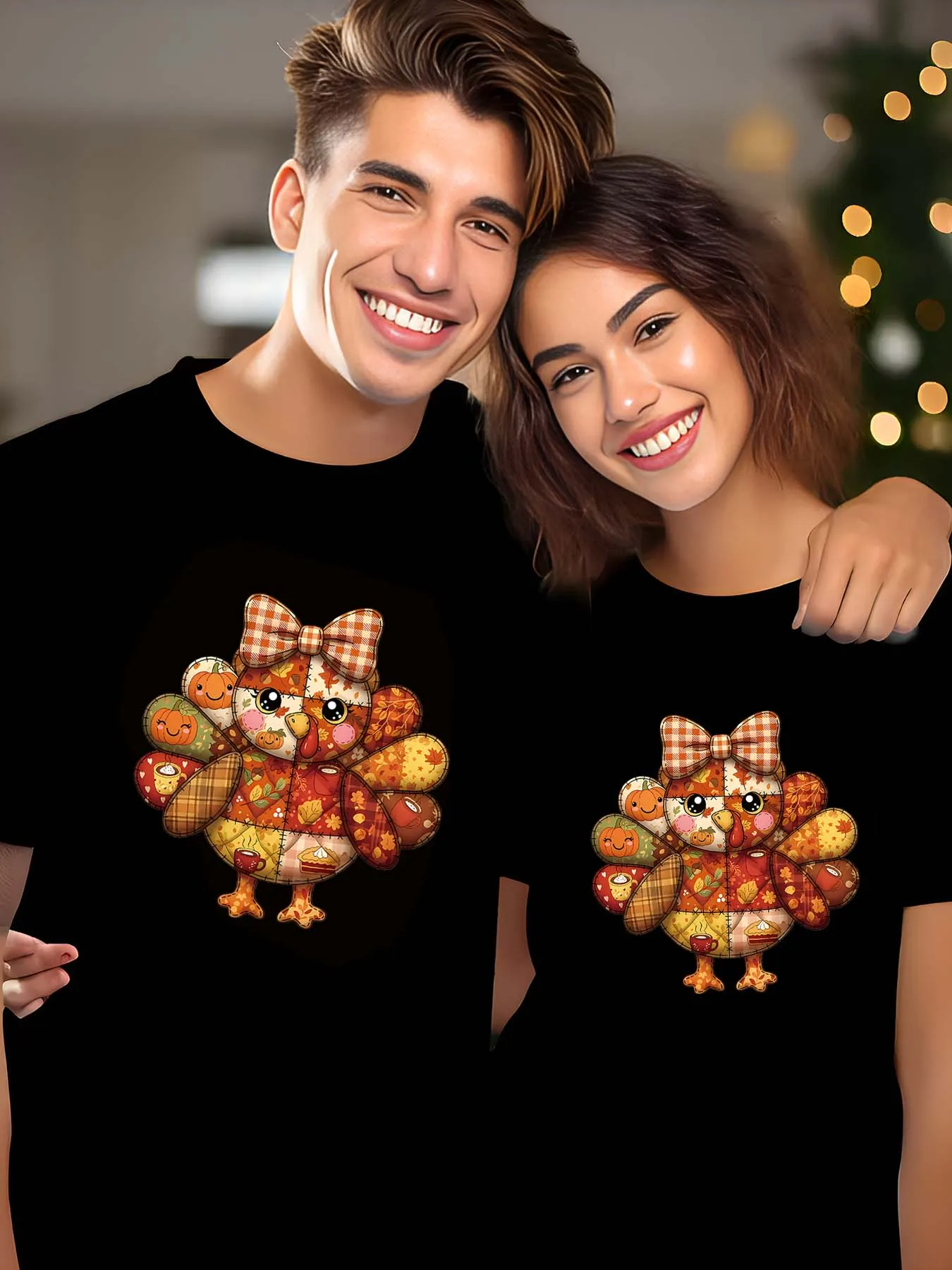 1-piece couple cotton t-shirt, cute style with Thanksgiving pumpkin chick print pattern, high quality