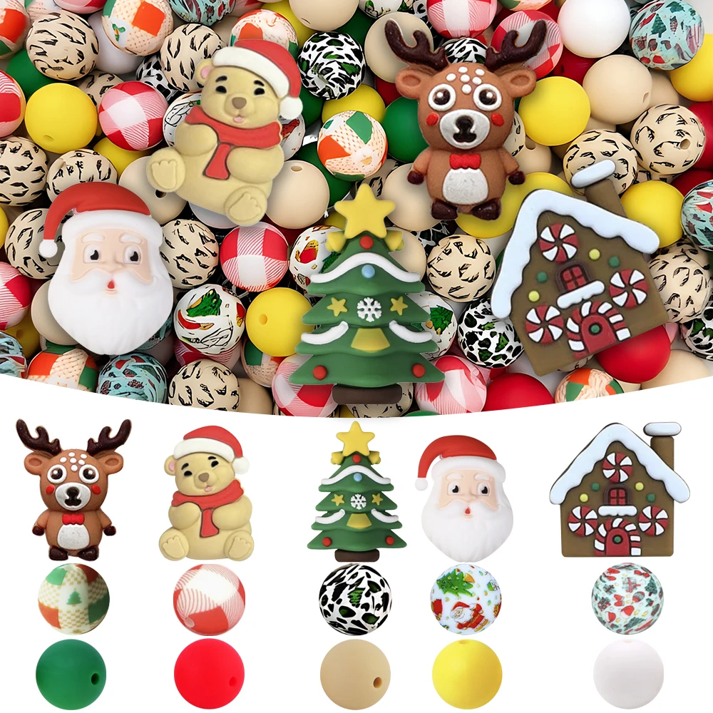 31/55-teiliges Weihnachts-Silikonperlen-Set für DIY-Halsketten, Armbänder, Dekorationen, Stifte, Schmuckanhänger usw. Geburtstagsgeschenk für die Feiertage – Detail 1