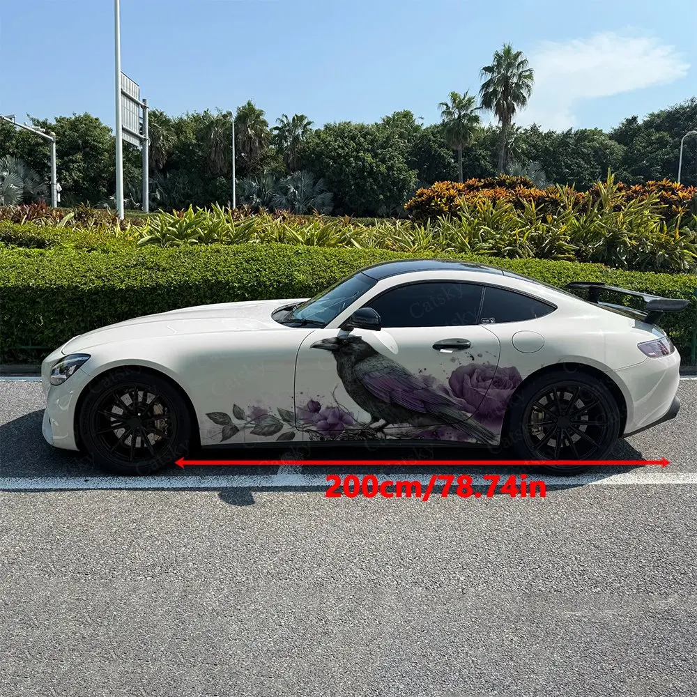 2Pcs Purple Foliage Perched Raven Car Side Wraps, Self-Adhesive PVC Waterproof & Scratch-Resistant Stickers, Car Accessory Gift