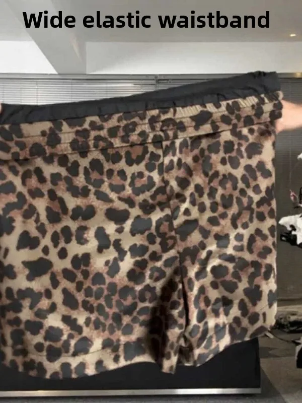 Retro High Waist plus Size Leopard Print Shorts Women's Summer Loose Wide Leg Five-Quarter Pants Flattering for plus Size Ladies