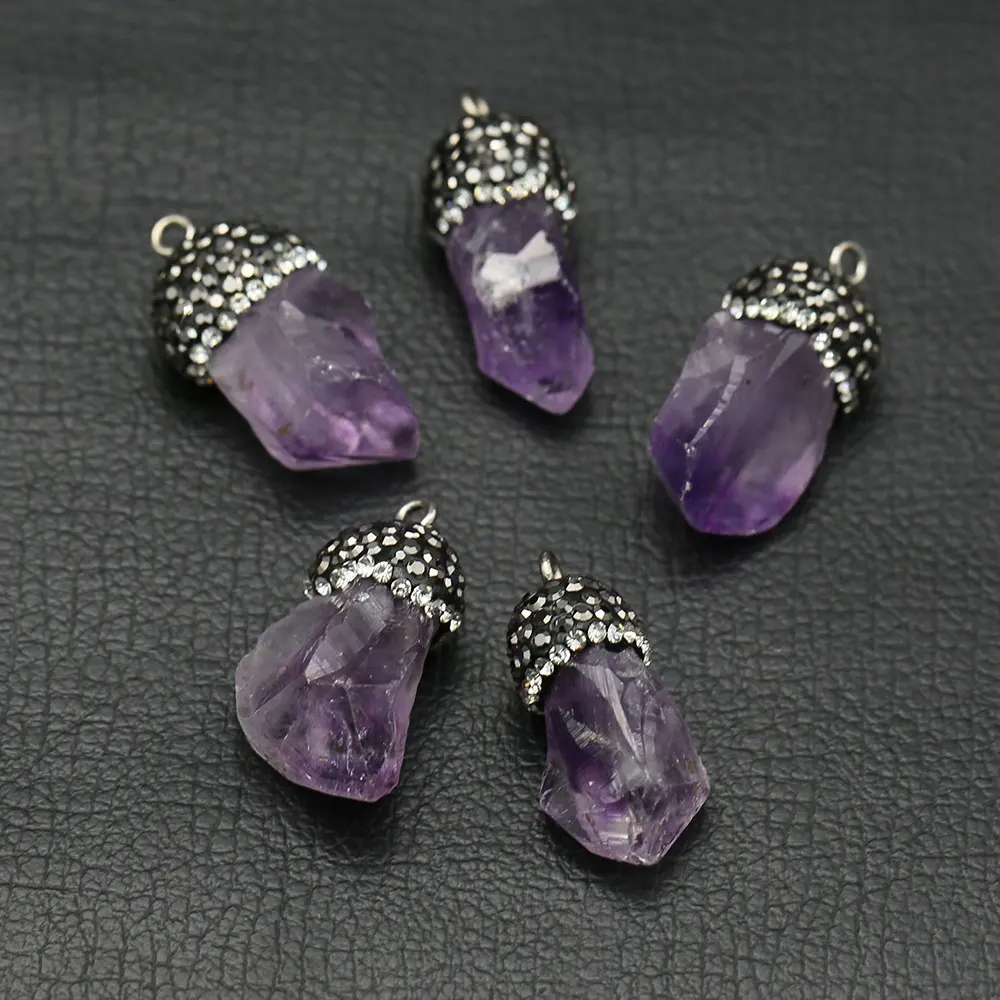 APDGG 5Pcs Natural Purple Amethyst Quartz Rough Nugget CZ Paved Pendant Charms For Necklace Earrings Jewelry Making DIY