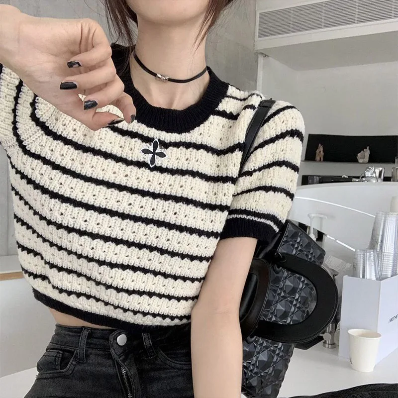 Women Clothing Cross Hollow Striped Sweater Summer New French O-neck Short Sleeve Knit T-shirt Casual Loose Chic Short Top Tees