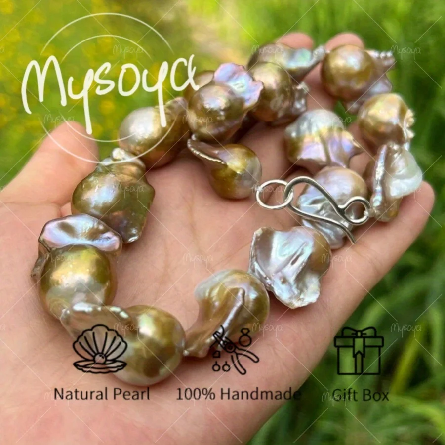 

MYSOYA Large Baroque Pearl Necklace Irregular Brown-purple Baroque Pearls, 14-17mm Gift Box Birthday Gift, Wedding Jewelry