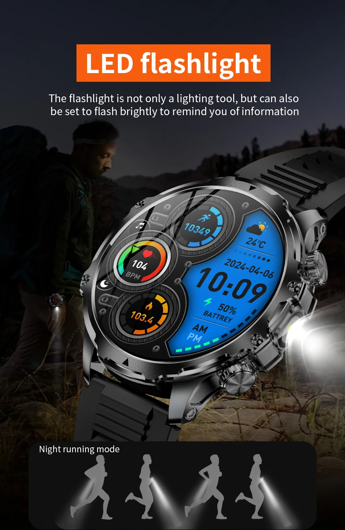 2025 New Men Outdoors Sports Smart Watch  Flashlight 700mah Large Battery Bluetooth Calling LED Light Fitness Tracker Smartwatch