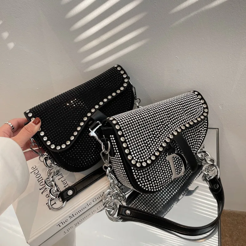 New trend Women's bags fashion thick chain bright diamond saddle bag female carrying armpit fashion brand design shoulder bags