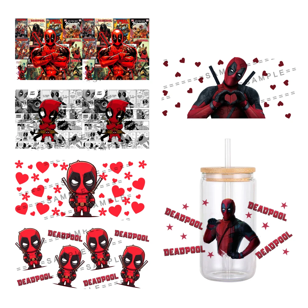 Disney Marvel  Deadpool 3D Waterproof UV DTF Cup Wrap for 16Oz Libbey Glass Can DIY Transfer Sticker