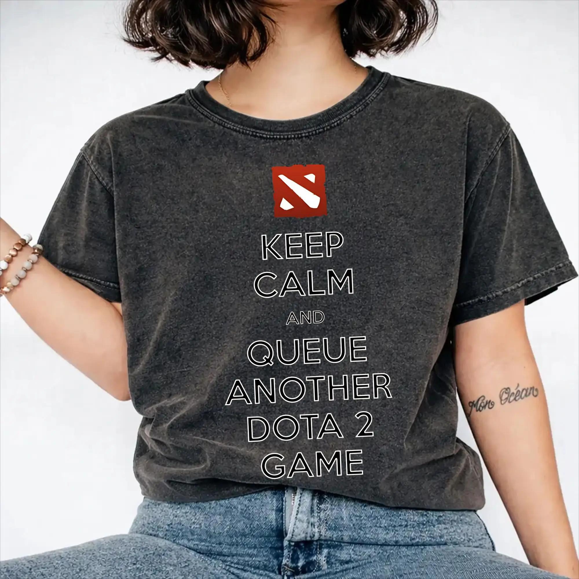 Graphic Printed Keep Calm and Queue Another Dota 2 Game  Washed T Shirts Outfit Oversize T-Shirt  for Men Women Tees