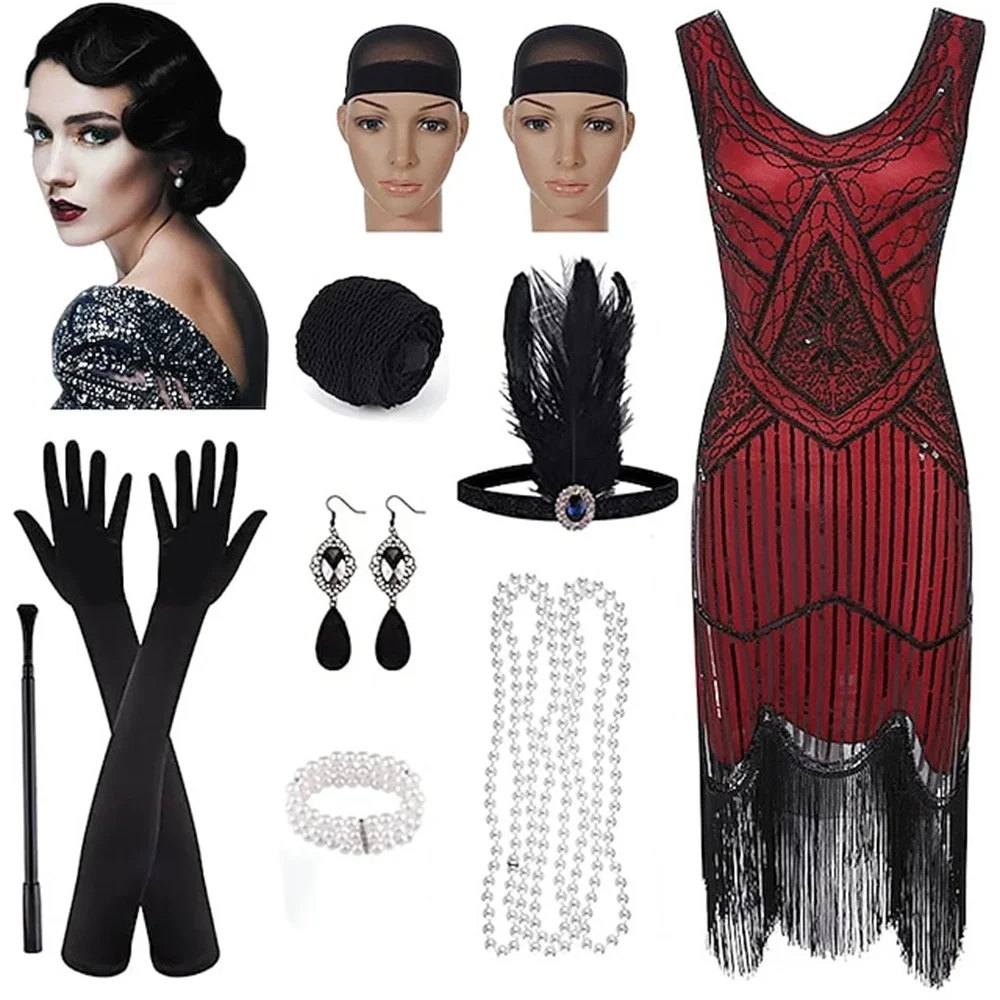 Retro 20s 1920s Flapper Dress Outfits with Accesorries Headband Great Gatsby Roaring Women's Sequins Tassel Fringe Evening Dress