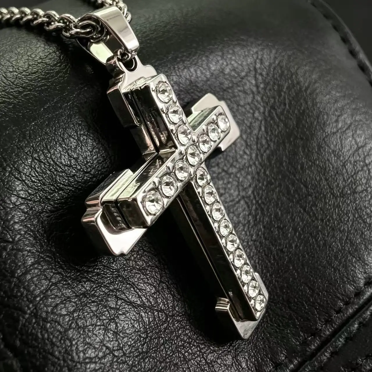 HNSP Stainless Steel Luxury Zircon Cross Necklace Pendant For Men Women Jewelry Accessories