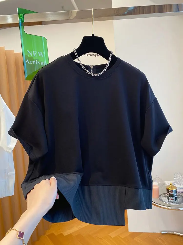 เสื้อยืดผู้หญิงไซส์ใหญ่ ทรงหลวม คอกลม แขนสั้น ดีไซน์ไม่สมมาตร ตัดต่อผ้า สไตล์ลำลอง แฟชั่นเกาหลี ใส่เป็นเสื้อตัวในได้