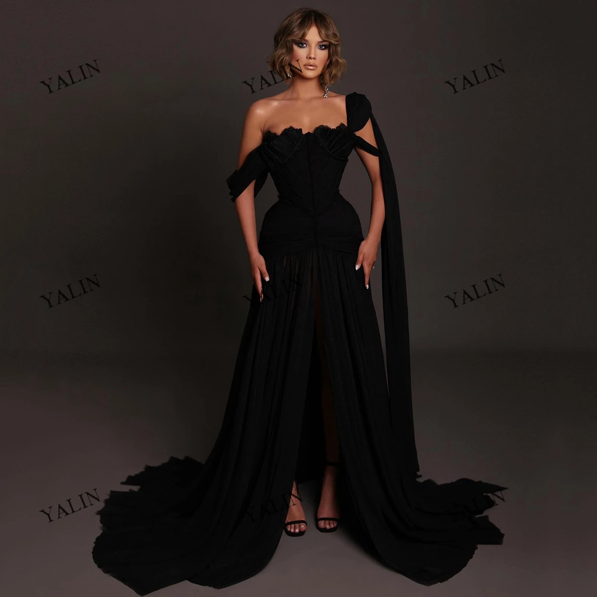 Customized Summer Sale Black Chiffon Wedding Party Dresses Brush Train High Wasit Fromal Prom  Off The Shoulder Evneing Gowns