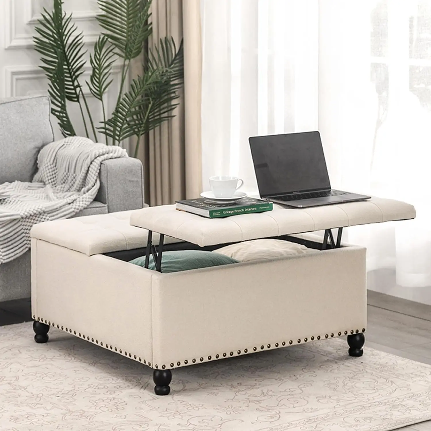 Storage Ottoman Square Leather Bench, Tufted Large Coffee Table With Wood Legs For Living Room Bedroom Entryway, Matte Beige