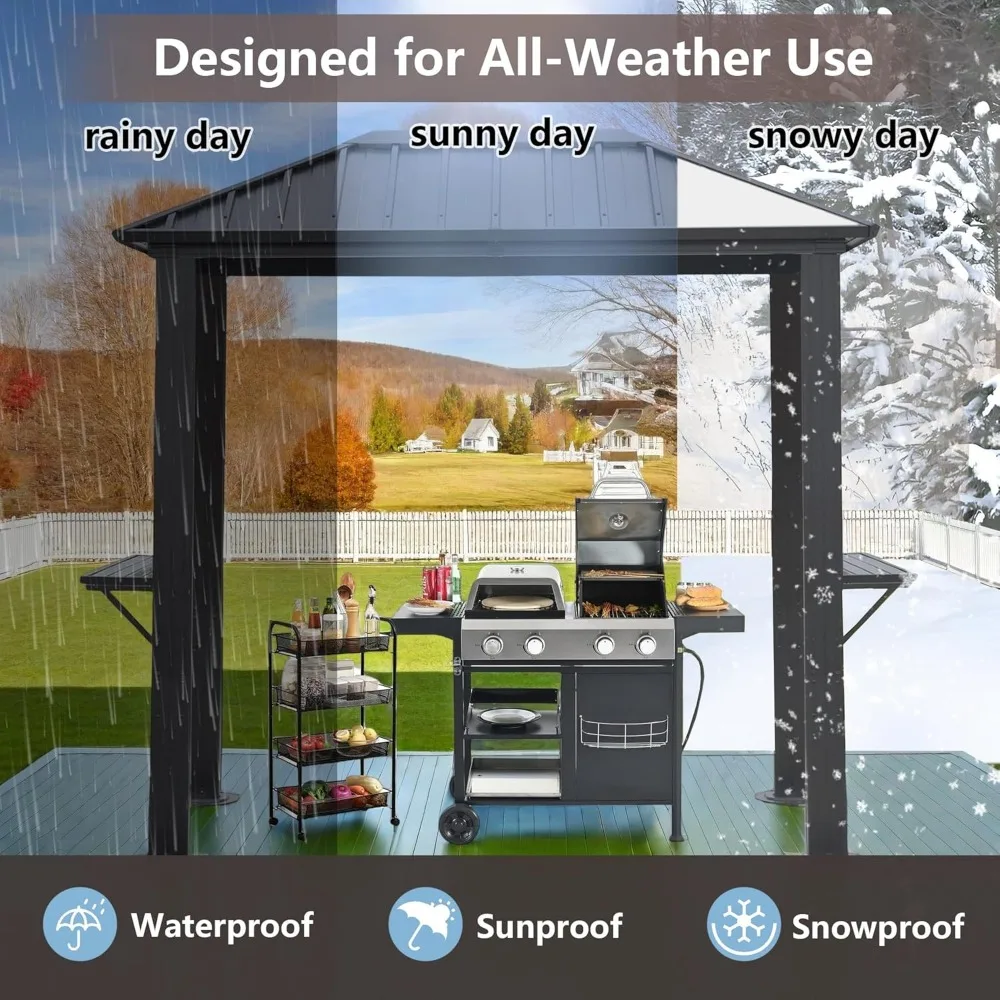 شرفة شواء خارجية صلبة مقاس 8 × 5 بوصات، تصميم سقف واحد مع هيكل من الألومنيوم وسقف فولاذي مجلفن، رائع للفناء والخبز