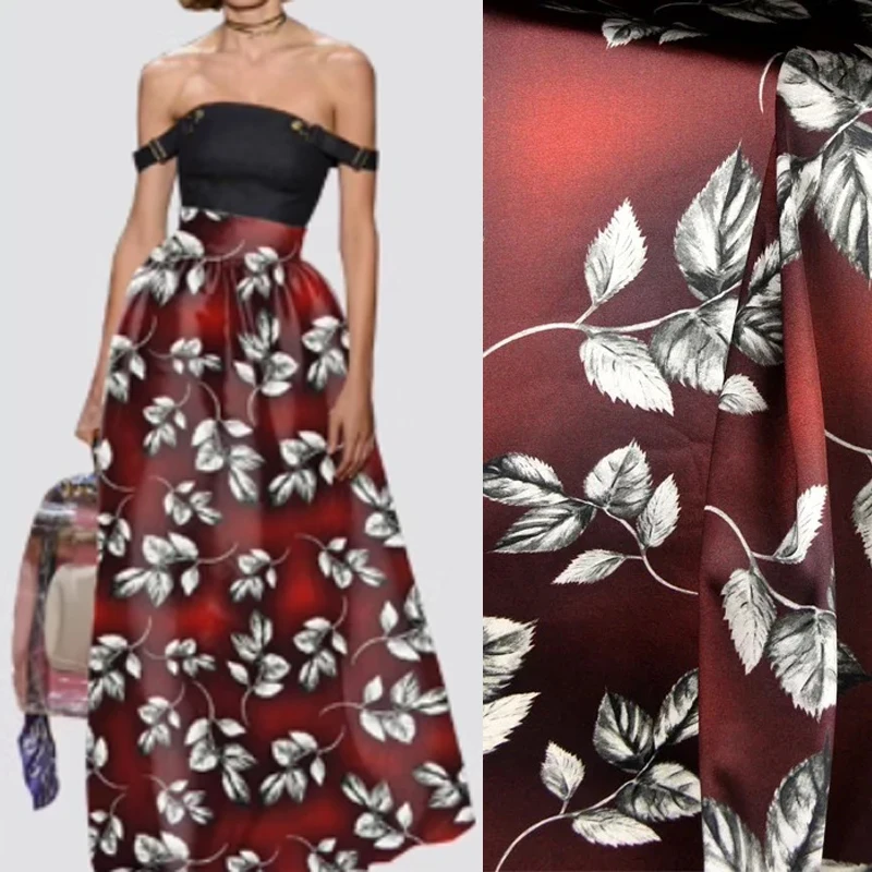 

118CM Wide 19MM 93% Silk & 7% Spandex Leaves Print Stretch Red Silk Satin Fabric for DIY Summer Dress Clothes Cheongsam D1057