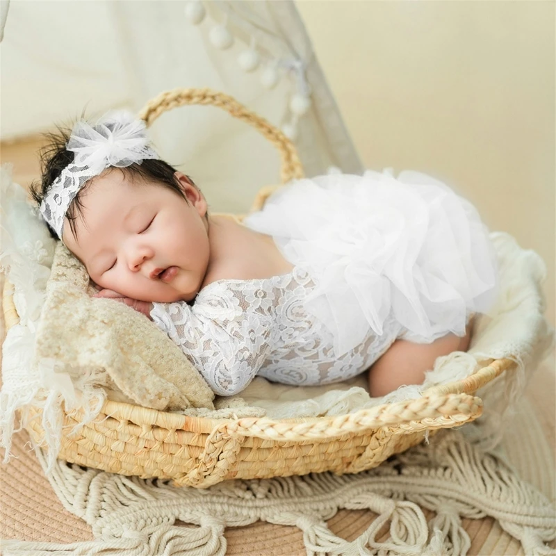 

Newborns Photography Mesh Romper with Headband set Soft & Comfortable Baby Romper Cherish Beautiful Moments Forever Gift