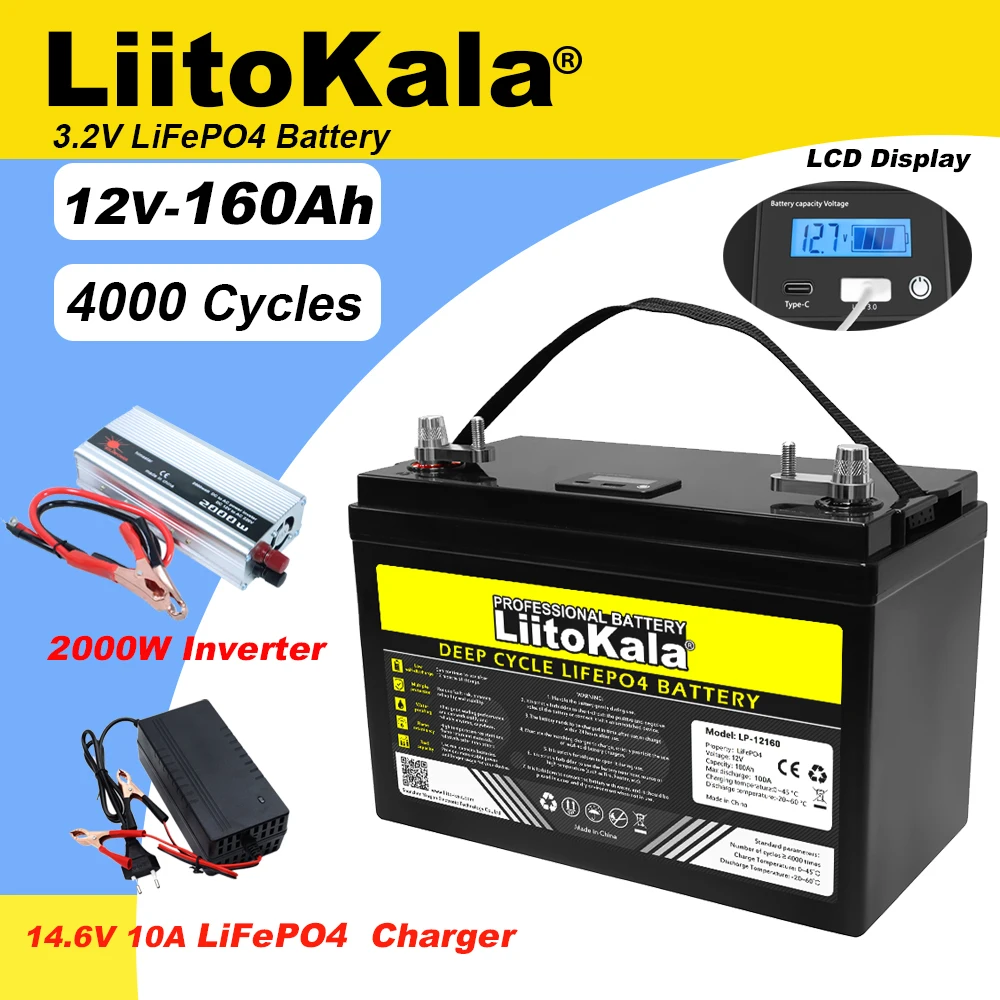 LiitoKala 12V/12.8v 160ah LiFePO4 Battery outdoors Touring Car Multifunctional USB3.0 Type-C for Solar powered Golf Cart Charger