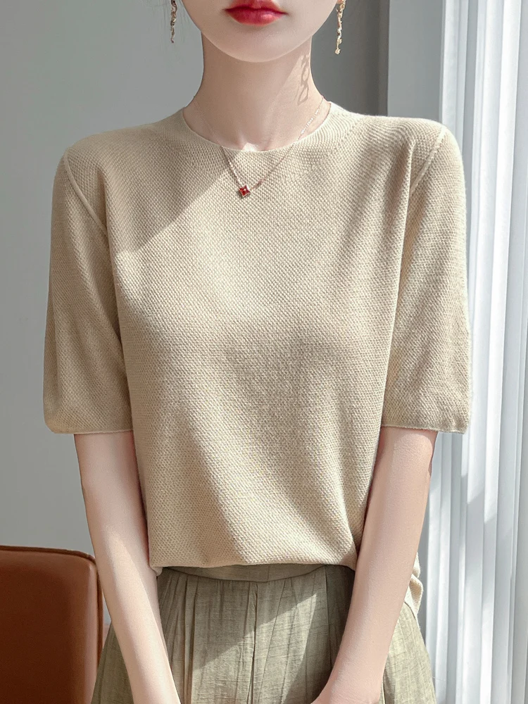 عادية الصيف النساء تي شيرت الحرير س الرقبة الصلبة الإناث بلوفر مغزول نصف كم رقيقة الملابس بلايز الأساسية تيز لينة ملابس خارجية