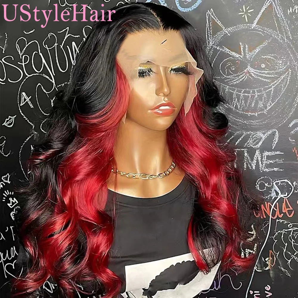 UstyleHair-Perruque Lace Front Wig synthétique lisse et soyeuse, perruque Body Wave noire et rouge avec naissance des cheveux naturelle pour femmes