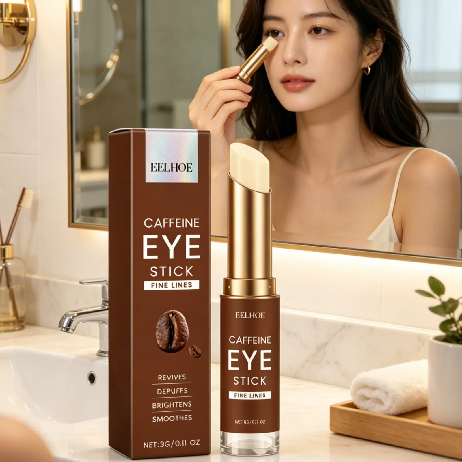 EELHOE Caffeine Eye Stick Wrinkle Reduction Puffiness Easing Smoothing Skin Firming Revitalizing Quick Absorbing Solid Eye Cream