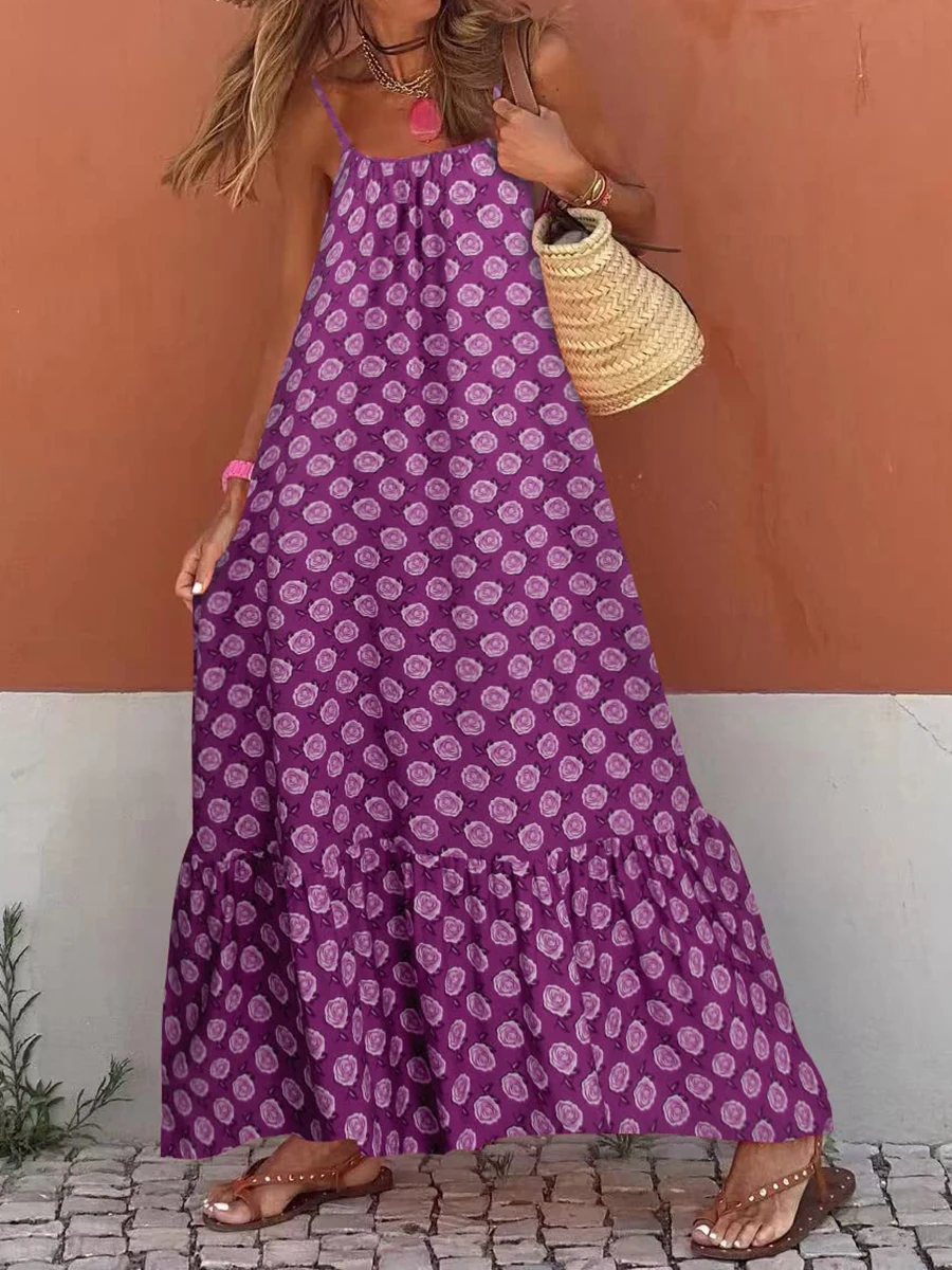 Vestido Boho longo sem mangas feminino, estampa solta, cinta de espaguete, vestidos esvoaçantes, vestido de verão boêmio, praia, coquetel de festa, verão