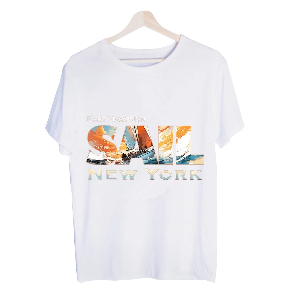 Men's Sailing Boat Graphic Tee, Short Sleeve Crew Neck T-Shirt with Typography Print for Summer Casual and Vacation Outfits