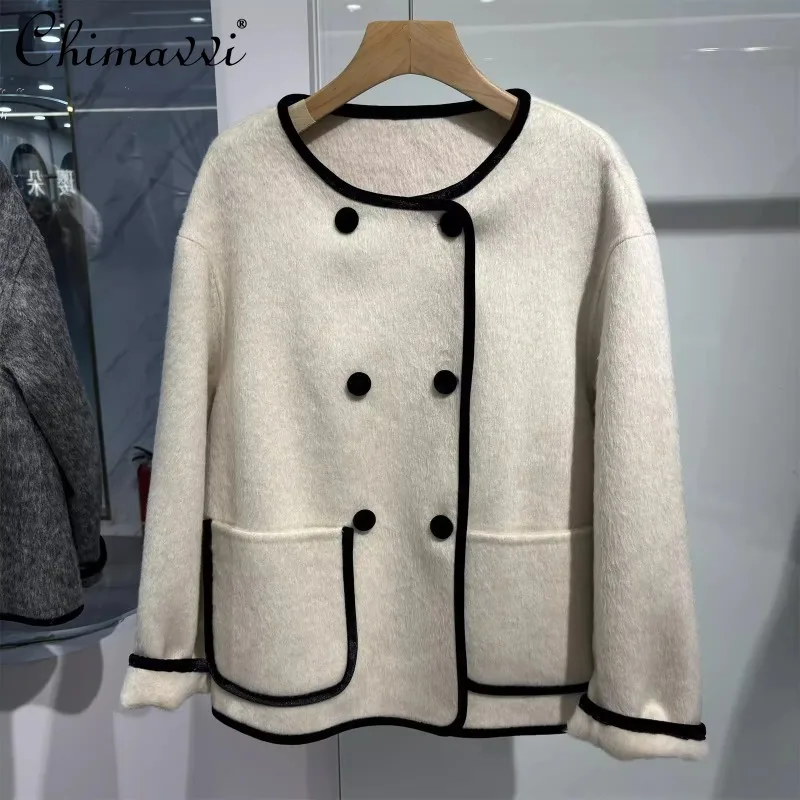 

2024 Autumn and Winter New Round Neck Contrasting Color Double-breasted Large Pocket Hemming Wool Casual Versatile Coat Women