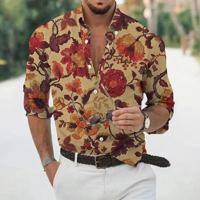 New Retro Men's Lapel Shirt Men's Exquisite Ethnic Print Slim Shirt New Fall Fashion Office Long-sleeved Blouse Elegant Shirt。