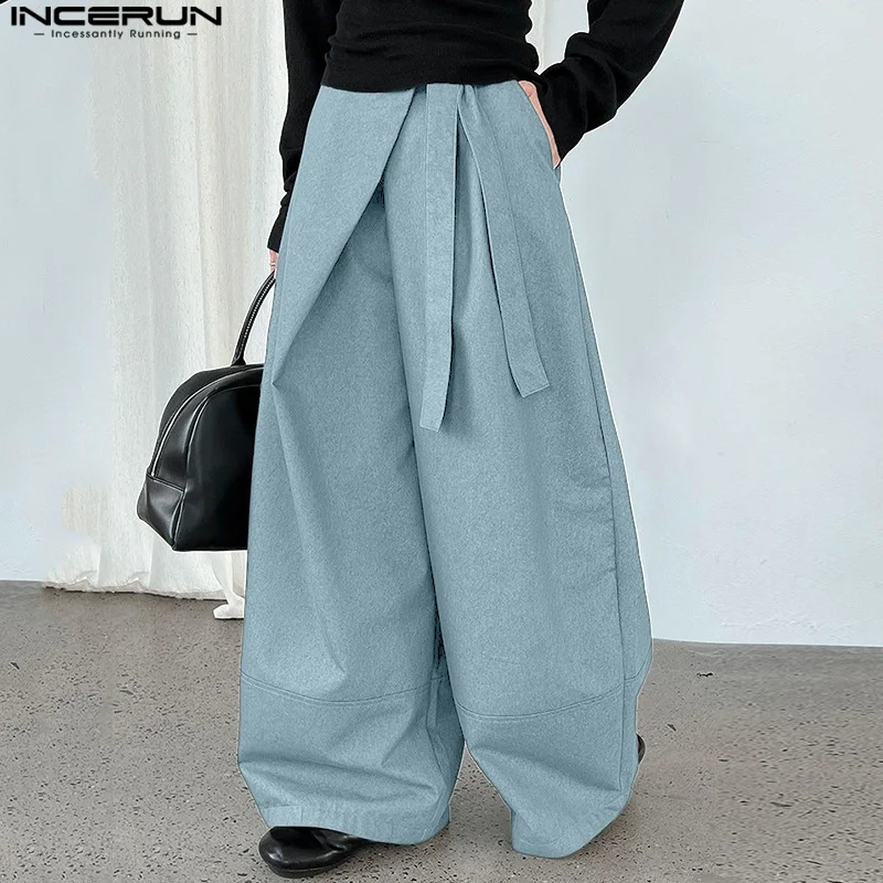 

INCERUN Men's Wide Leg Pants Lace Up Loose Joggers Solid Color Trousers Men Streetwear Oversize Fashion Casual Male Long Pants