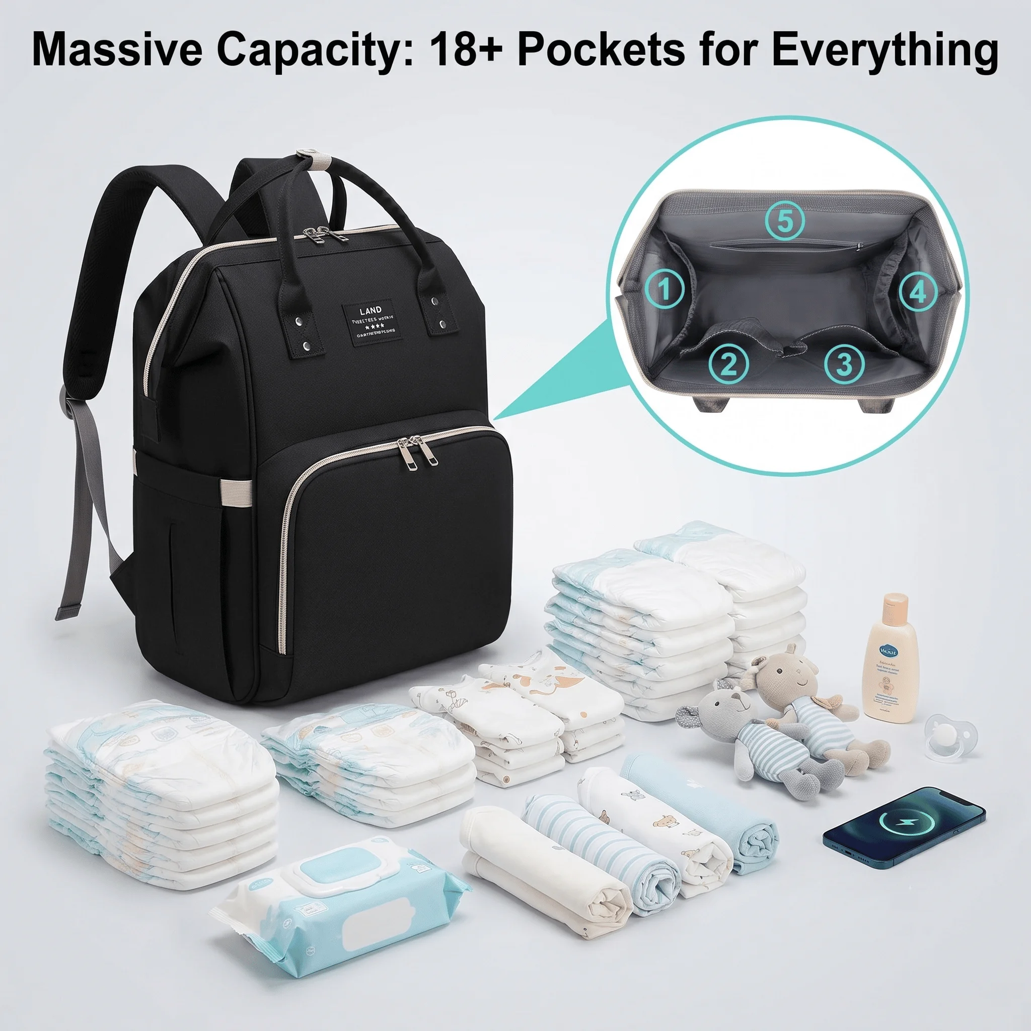 Diaper Bag Backpack with Portable Bassinet, Large Capacity Multi-Function Travel Baby Bag with Changing Station, USB Port and Stroller Straps