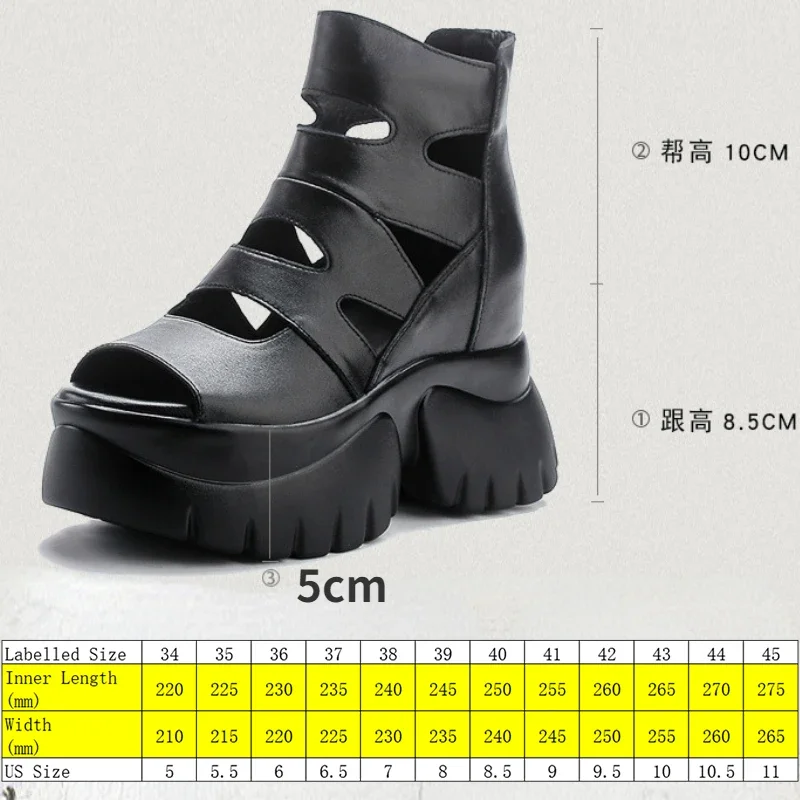 Fujin 8.5cm Sandals Ankle Boots Platform Slides Hollow Ladies Shoes Natural Genuine Leather Women Summer Breathable Wedge Heel